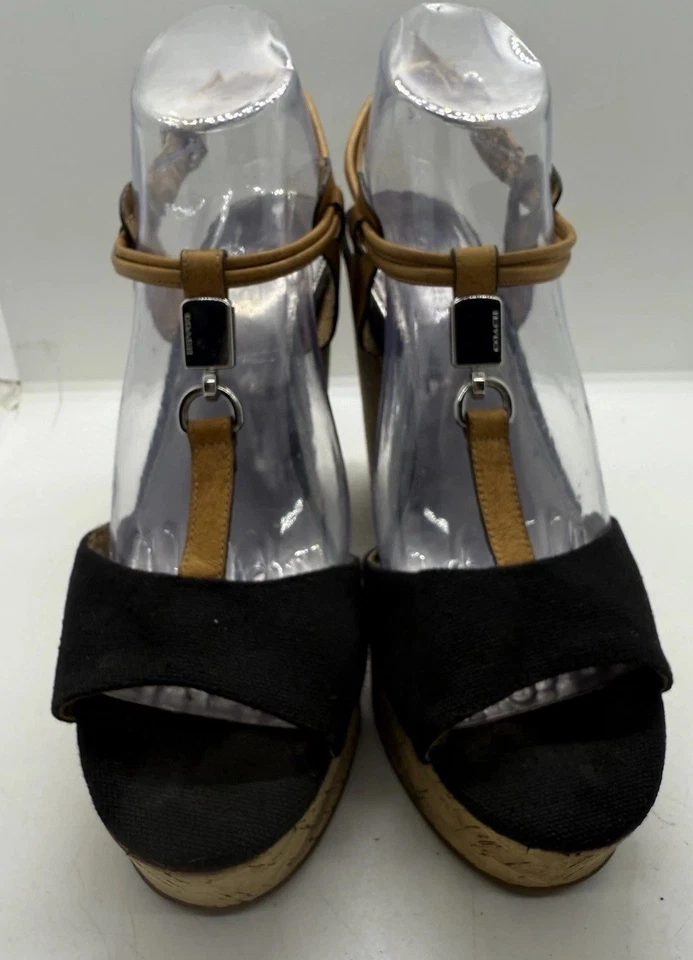 Cuñas de corcho Coach Linden para mujer de lona negra de cuero vegano talla 9B con tiras Foto 2 de 4