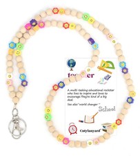 Wood Beaded Teacher Lanyard for Women with Teacher-Themed Card ID Badge Holder