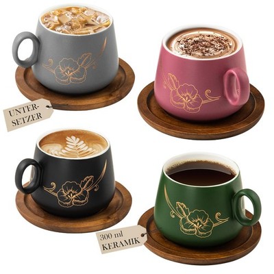 10oz Cappuccino Cups & Wooden Saucers Set with Gold Floral Art, Latte Art Cup...