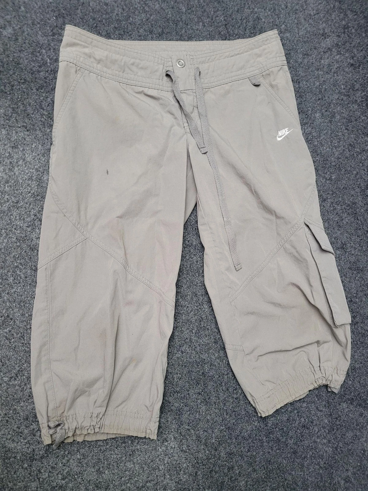 Nike Pants Womens Small Gray Cropped Woven Cargo Drawstring Elastic Capri Swoosh