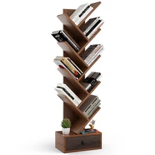 10-Tier Tree Bookshelf, Floor Standing Bookshelf with Drawer, Small Bookcase ...