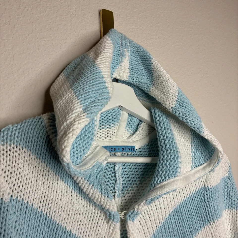 Cárdigan Alice & Olivia Azul y Blanco Chevron Rayas Con Capucha Cinturón S Foto 2 de 4