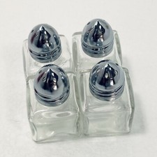 Salt & Pepper Shakers 1" Square Clear Glass Vintage Taiwan 4 w/ Shiny Metal Tops