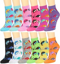 12 Pairs Assorted Color Whale Pattern Women Athletic Sport Ankle Socks 9-11