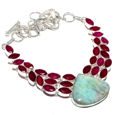 Amazonite, Ruby Gemstone Handmade 925 Silver Jewelry Necklace 18'' R-737