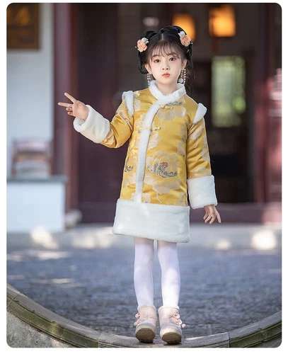 Girls Chinese New Year Clothing Thick Retro Cotton Winter Coat Cheongsam Dress