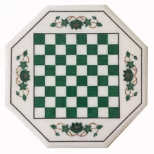 "Handmade White Marble & Green Malachite Chess Board – Octagonal Inlay Design"