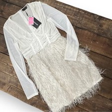 BNWT Pretty Little Thing White Cup Detail Faux Feather Bodycon Dress