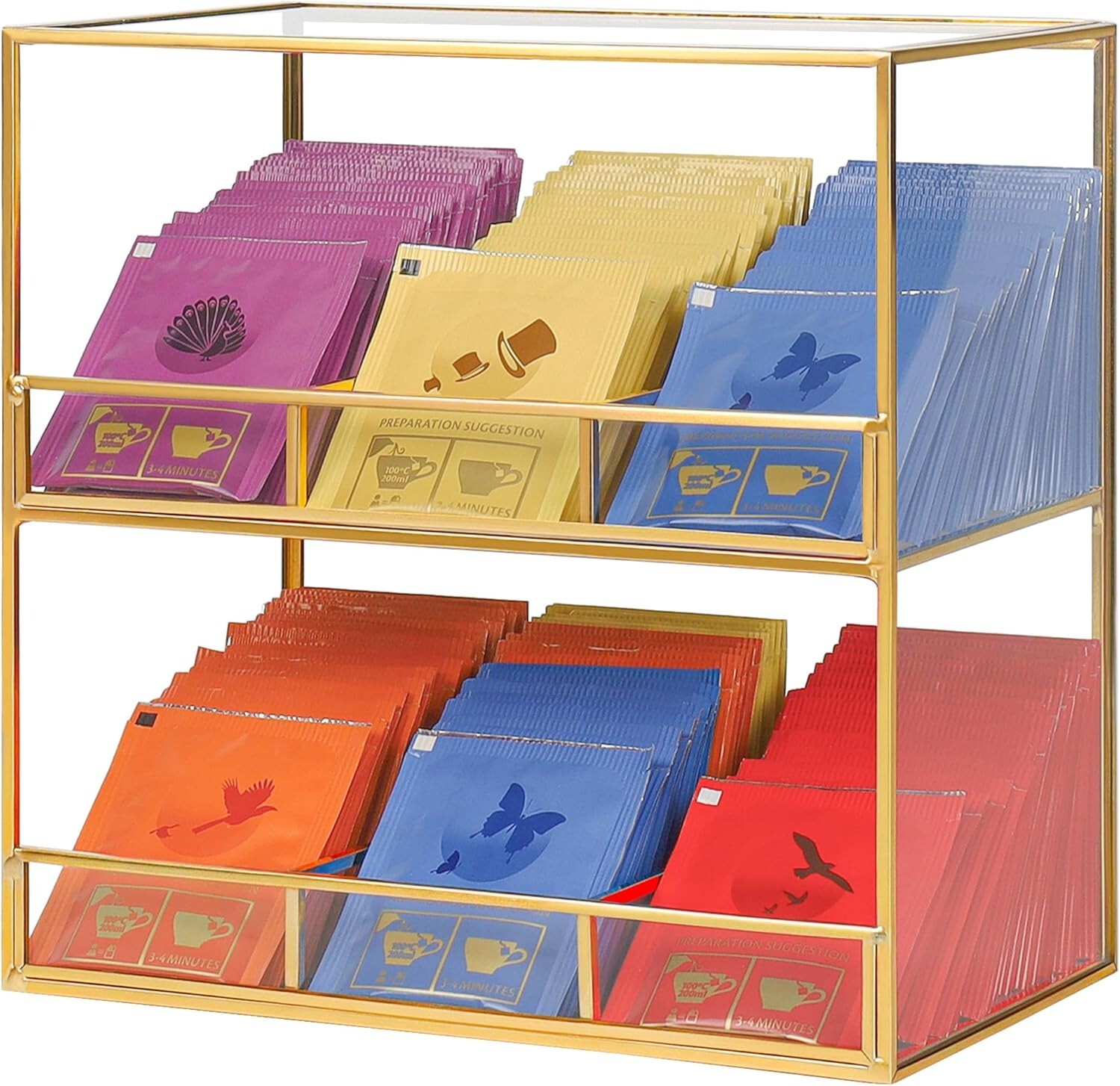 Elegant 2-Tier Brass & Glass Tea Bag Organizer for Stunning Countertop Display