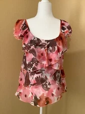 AB Studio Women's Blouse Sz S Colorful Pinks and Browns Ruffle Front Lined