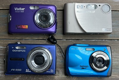 Lot 4 Digital Cameras Olympus FE-330 HP R727 Vivitar X029 Bell Howell Splash