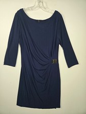 Tahari Arthur S. Levine Midi Dress Women's 14 Navy Blue Side Knot Long Sleeve