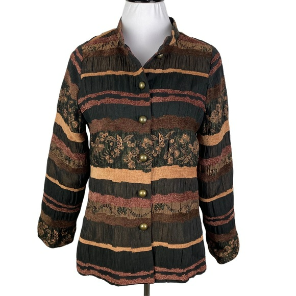 Mirasol Striped Floral Button Down Jacket Women's Medium Brown Black Lined