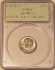 1964-D Roosevelt Dime in Vintage PCGS "Rattler" Holder MS 64 Sample