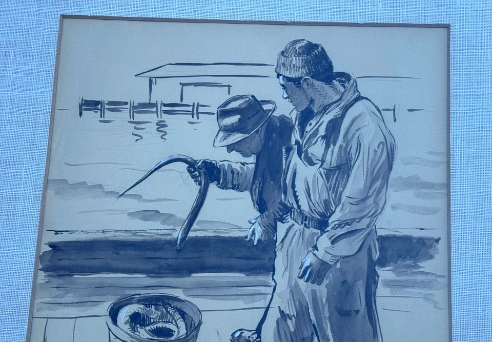 Emanuel Schary Signed Original Painting Eel Fishermen Sea Fishing - Image 4 of 4
