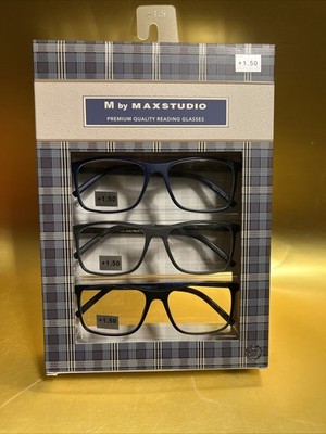 M by MAXSTUDIO  +1.50 Reading Glasses 3 Pairs BOXED BLUE GRAY BLACK Nice