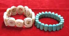2 Bracelets Set Vintage Conch Shell Panel Stretch & Created Turquoise 7"