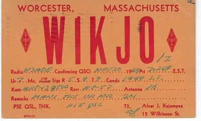 QSL 1949 Worcester MA    radio card