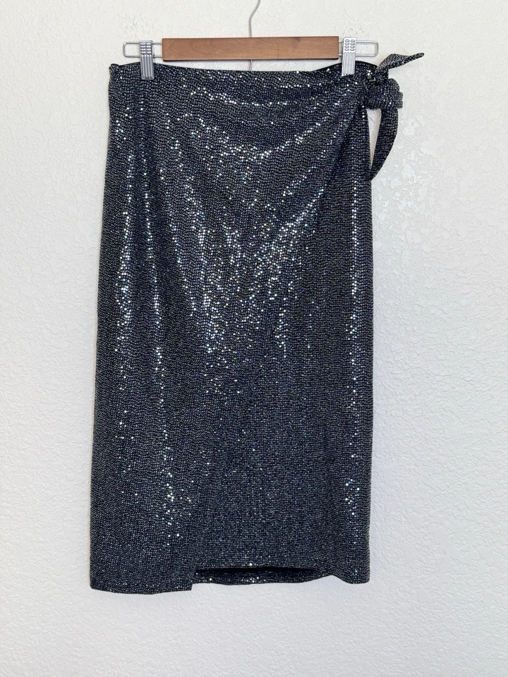 All Saints Skirt Allegra Gun Metal Metallic Shimmer Faux Wrap Size 6 Glam Edgy - Image 4 of 4