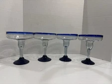 Mexican Hand Blown Glass Set of 4 Hand Blown Margarita Glasses Cobalt Blue 