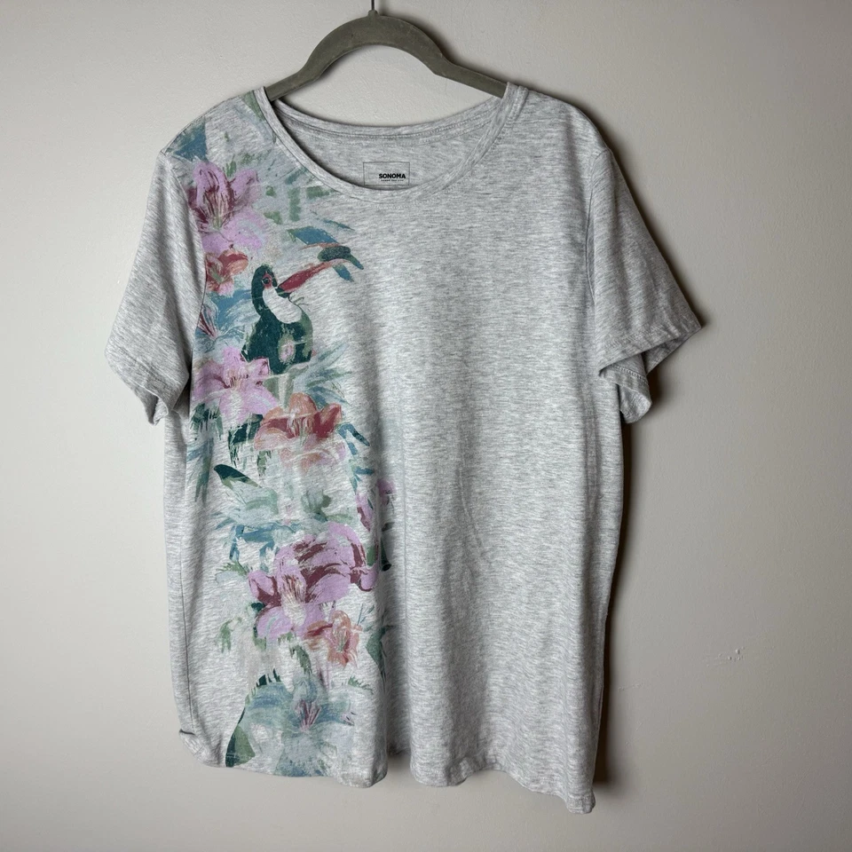 Camiseta Sonoma Top Talla XL Mangas Cortas Mezcla Algodón Floral Pájaro Informal Gris Foto 2 de 4