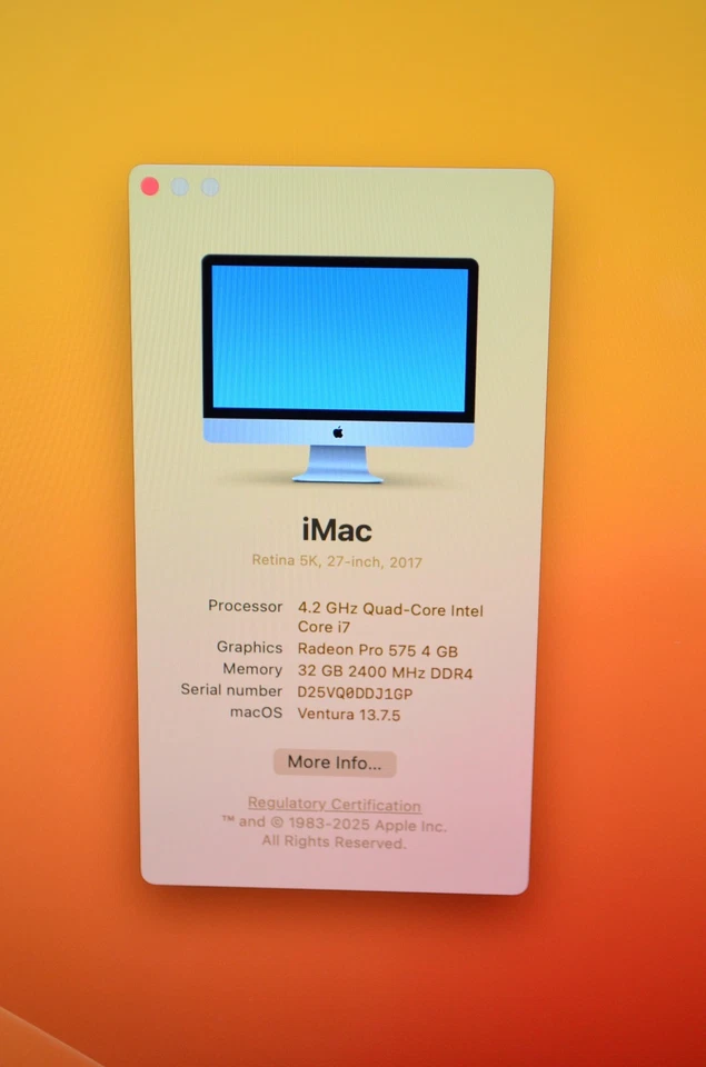 2017 Apple iMac 27" 5K i7 4.2GHz 32GB Ram 1TB Fusion Radeon Pro 575 4GB Ventura - Image 2 of 4