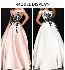 White Mother of the Bride Dress with Off Shoulder Design/Black Floral Embroidery