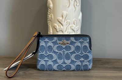 COACH Corner Zip Wristlet In Signature Denim & Leather CDF26 Gold
