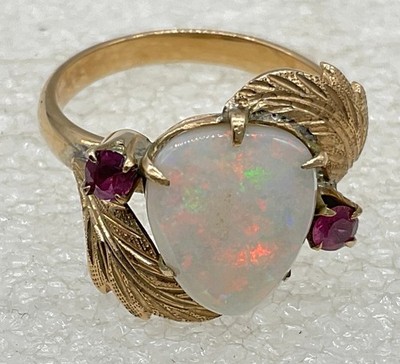 Vintage 14K Gold Opal & Ruby Leaf Bypass Ring - Size 6.5, 3.3g