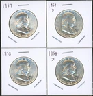 Lot of (4) Coins - 1957-P & D + 1958-P & D 90% Silver Franklin Half Dollars