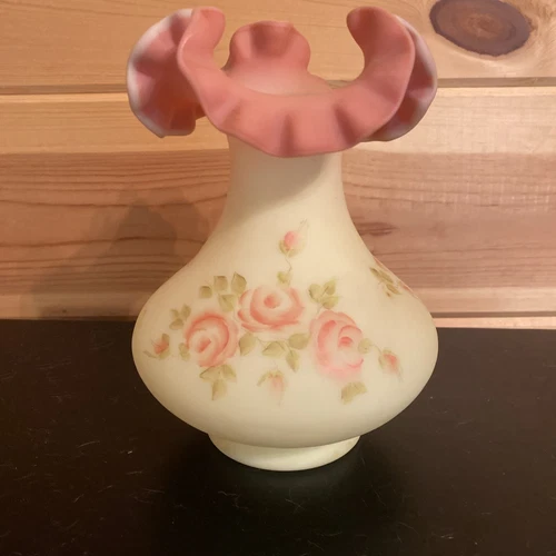 Fenton Burmese Hand Painted Pink Roses Vase 7” RB Early 1970s