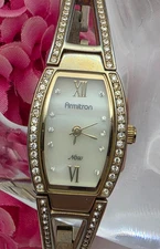 Armitron Ladies Watch Gold Tone Crystal Accents MOP Dial Swiss Parts Vtg. 18mm