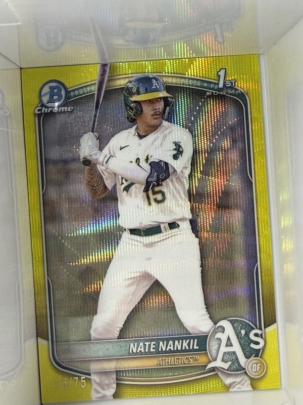Topps 2025 Bowman Chrome Prospects Nate Nankil RC Yellow /75 Athletics BCP-102