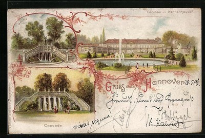 Lithographie Hannover, Schloss in Herrenhausen, Cascade, Grotte 1898 