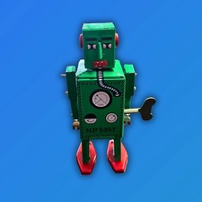 Vintage Robot Lilliput Tin Toy In Original Box Green Red 905