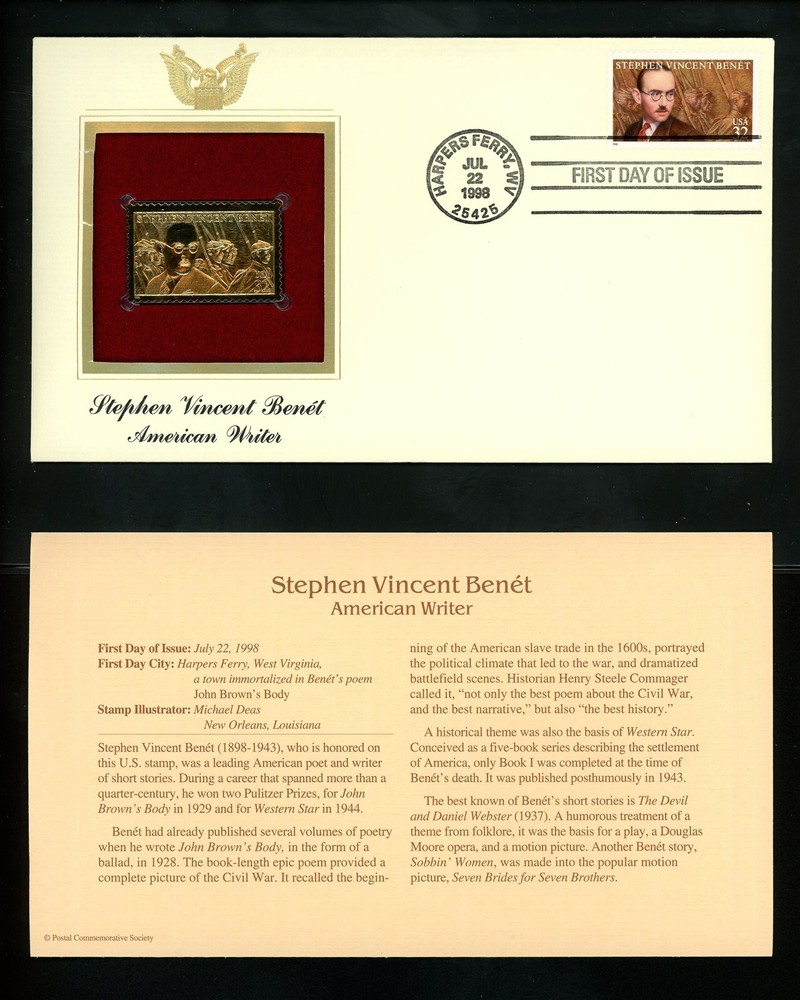 US FDC #3221 PCS / Gold Foil 1998 Harpers WV Stephen Vincent Benet Literature
