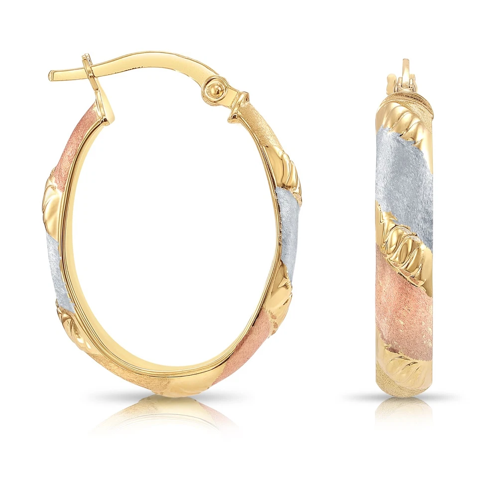 10K Real Solid Tri-Color Gold Diamond-Cut Oval Chunky Italian Hoop Earrings 20MM - Image 4 of 4