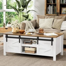 JUMMICO Farmhouse Coffee Table with Storage & Sliding Barn Doors, Modern Rustic