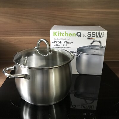 SSW Kitchen Q Profi Plus Kochtopf mit Deckel   18/8 Edelstahl   Ø 22 cm   5,9 l