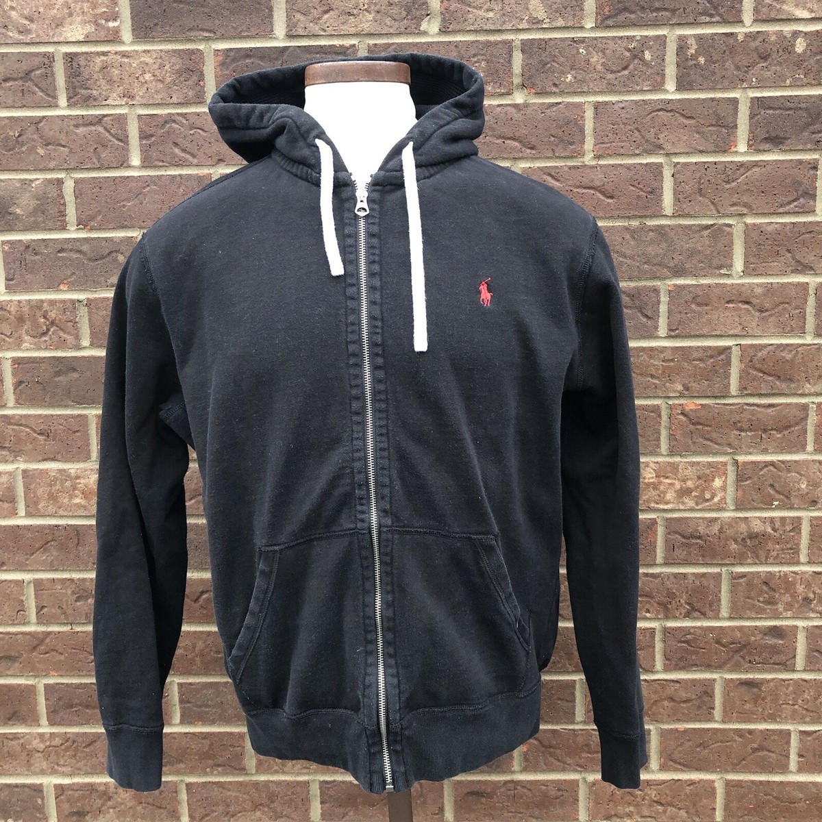 Polo Ralph Lauren Black Full Zip Hoodie Red Logo Waffle
