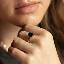 Black Onyx Oval Cut Gold Plated 925 Sterling Silver Engagement Ring