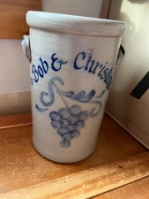 Large Rowe Pottery Works Salt-Glazed Gray w Blue Grapes Bob & Christine Handled