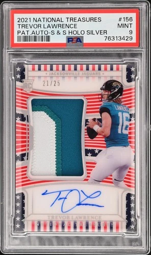 2021 NATIONAL TREASURES PATCH AUTO STARS & STRIPES TREVOR LAWRENCE RC /25 PSA 9