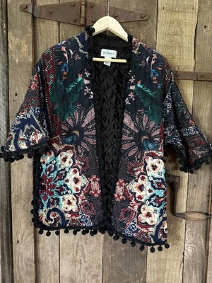 Peck & Peck Kimono Cardigan Multi Boho Abstract Quilted Lining Women s Size Lg