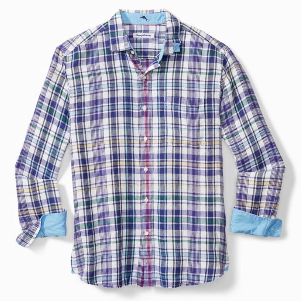 Tommy Bahama Sea Isle Linen Shirt Blue Check Men's Size XL