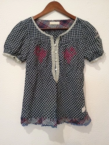 ODD MOLLY SHORT SLEEVE COTTON CHECKERED EMBROIDERED BLOUSE SZ 1