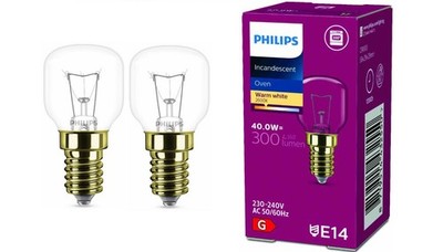2x Philips Backofenlampe E14 40W Tropfenform 29mm Durchmesser, bis 300°C