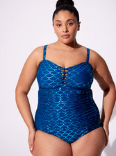 Torrid Slim Fix Wireless Lattice Front One Piece Swimsuit Mermaid Blue 0 12 NWT