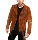 New Men's Sheepskin Suede 100% Leather Jacket Biker Brown Collared Coat