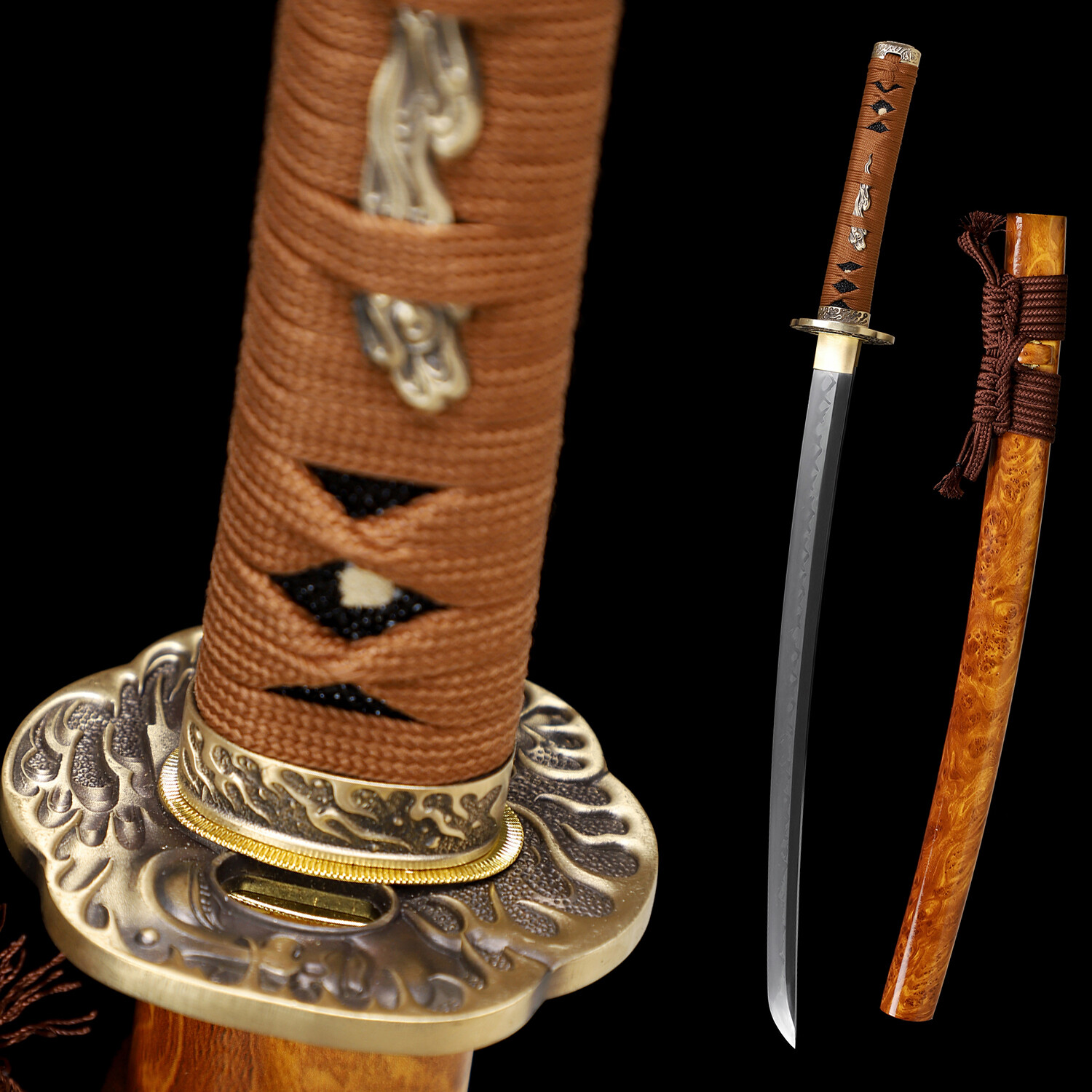 30'' Wakizashi Sword Real Hamon Clay Tempered L6 Steel Full Tang Razor Sharp